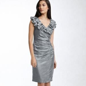 Adrianna Papell Silver Iridescent Ruffle Portrait Neck Evening Cocktail Dress 4